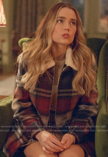 Ainsley's plaid coat with fur collar on Four Weddings and a Funeral