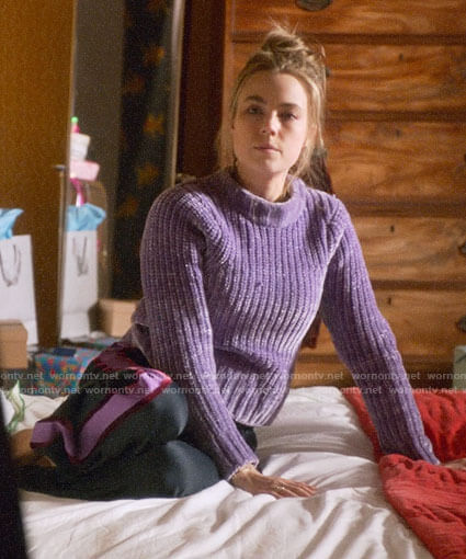 Ainsley’s purple chenille sweater on Four Weddings and a Funeral
