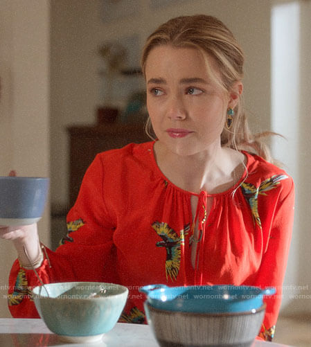 Ainsley’s red bird print blouse on Four Weddings and a Funeral