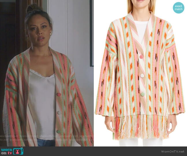 Fringe Trim Cashmere Blend Jacquard Cardigan by Alanui worn by Vanessa Lachey on BH90210