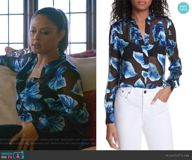 WornOnTV: Camille’s blue leaf print sheer blouse on BH90210 | Clothes ...