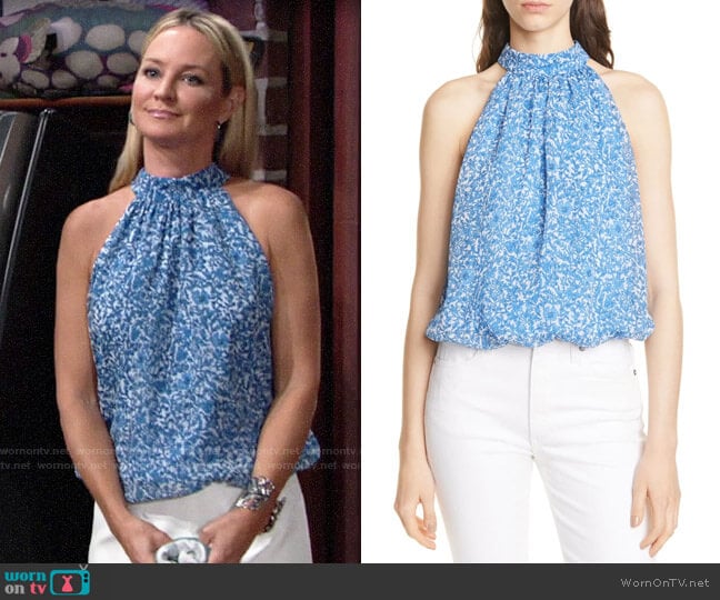 Alice + Olivia Maris Top in Hepatica White/ Cornflower worn by Sharon Newman (Sharon Case) on The Young and the Restless