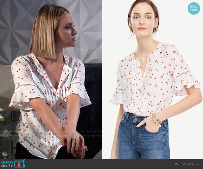 Ann Taylor Floral Pintucked Flutter Sleeve Top worn by Kiki Jerome (Hayley Erin) on General Hospital