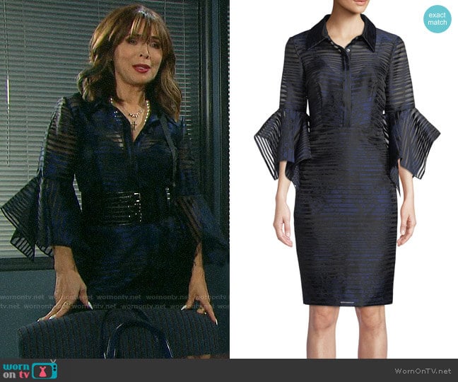 Badgley Mischka Collection Sheer Striped Trumpet-Sleeve Shirtdress worn by Kate Roberts (Lauren Koslow) on Days of our Lives