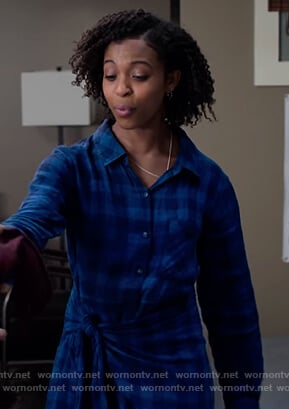 Ani’s blue check tie shirtdress on 13 Reasons Why