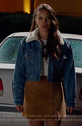 Jessica’s cropped denim jacket and skirt on 13 Reasons Why