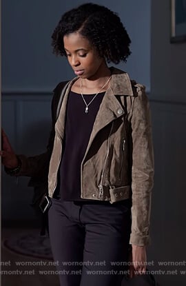 Ani’s suede moto jacket on 13 Reasons Why