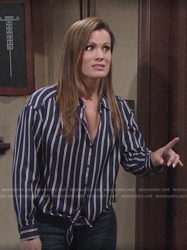 Chelsea’s blue striped tie-front shirt on The Young and the Restless