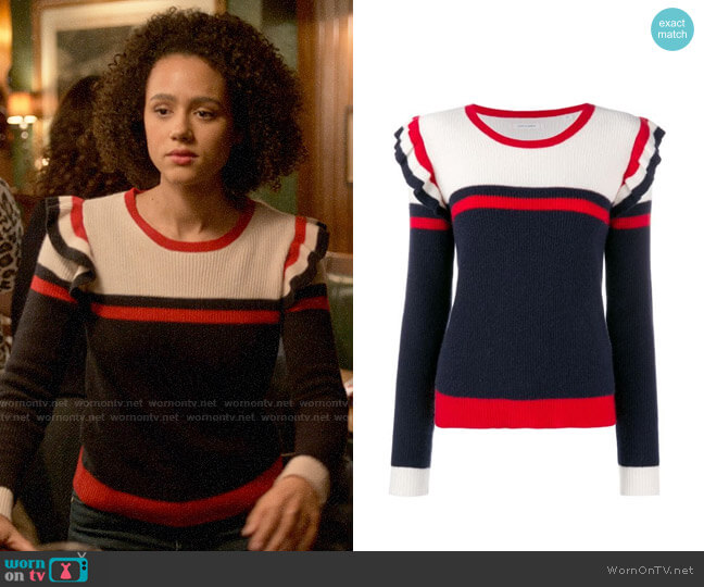 Chinti & Parker Colour-block Frill Sweater worn by Maya (Nathalie Emmanuel) on Four Weddings & a Funeral