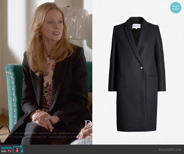 Claudie Pierlot Velvet polka-dot single-breasted wool-blend coat worn by Gemma (Zoe Boyle) on Four Weddings and a Funeral