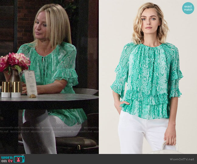 Diane von Furstenberg Annabel Top in Python Shocking Jade worn by Sharon Newman (Sharon Case) on The Young and the Restless