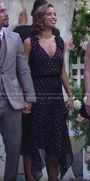 Elena's navy metallic dotted dress at Kyle and Lola's wedding on The Young and the Restless