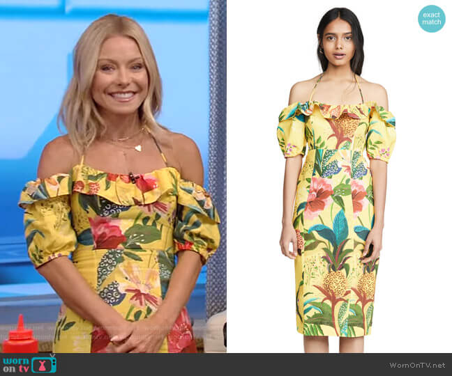 Golden Jungle Linen Midi Dress by Farm Rio worn by Kelly Ripa on Live with Kelly and Mark