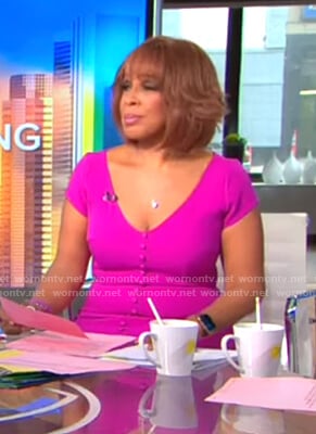 Gayle King’s pink buttoned v-neck dress on CBS Mornings