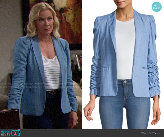 WornOnTV: Brooke’s striped top and blue ruched sleeve blazer on The ...