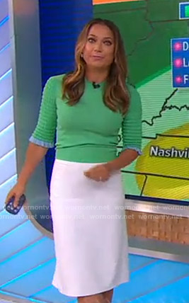 Ginger’s green ribbed top and white skirt on Good Morning America