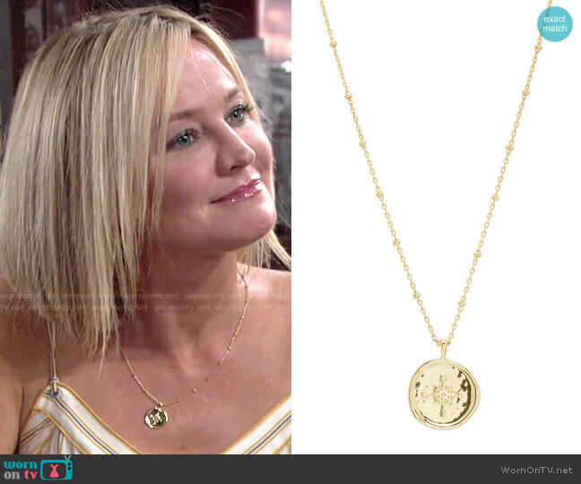 Gorjana Compass Coin Pendant Necklace worn by Sharon Newman (Sharon Case) on The Young and the Restless