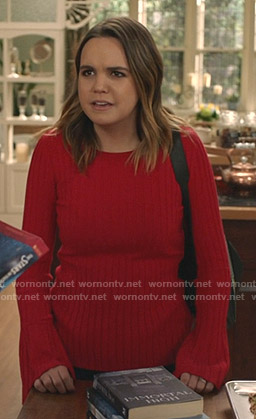 Grace’s red ribbed bell sleeve sweater on Good Witch