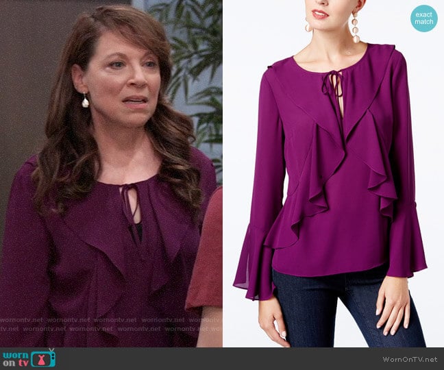 INC International Concepts Ruffled Bell-Sleeve Top worn by Liesl Obrecht (Kathleen Gati) on General Hospital