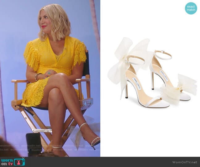 Aveline Bow Ankle Strap Sandal by Jimmy Choo worn by Tori Spelling (Tori Spelling) on BH90210