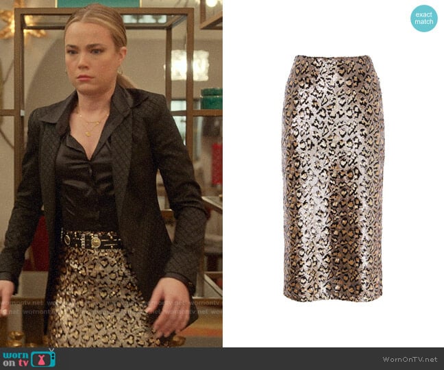 Karen Millen Sequin Leopard Midi Skirt worn by Ainsley Howard (Rebecca Rittenhouse) on Four Weddings and a Funeral