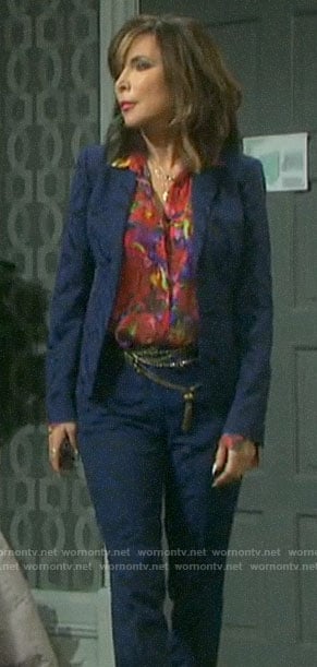 Kate’s floral blouse and blue jacquard suit on Days of our Lives