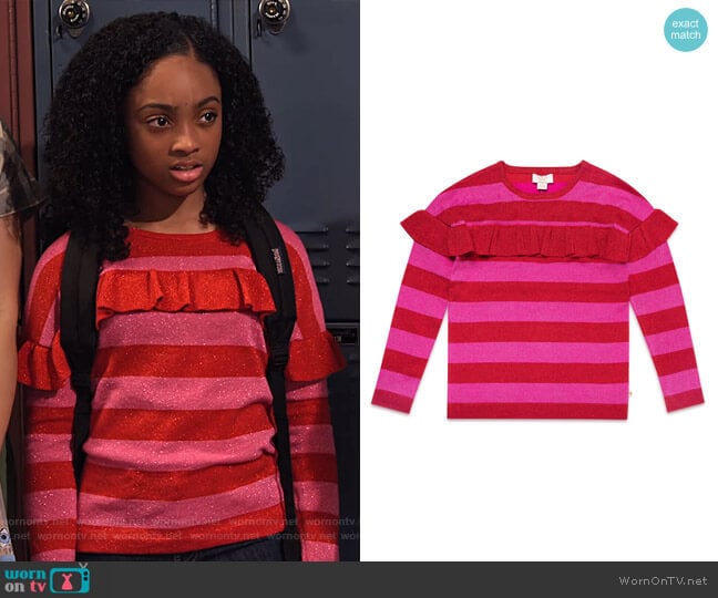 Ruffle-Trim Metallic Stripe Sweater by Kate Spade worn by Tamika (Sanai Victoria) on No Good Nick