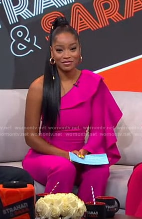 Keke's pink ruffled one-shoulder jumpsuit on GMA Strahan And Sara