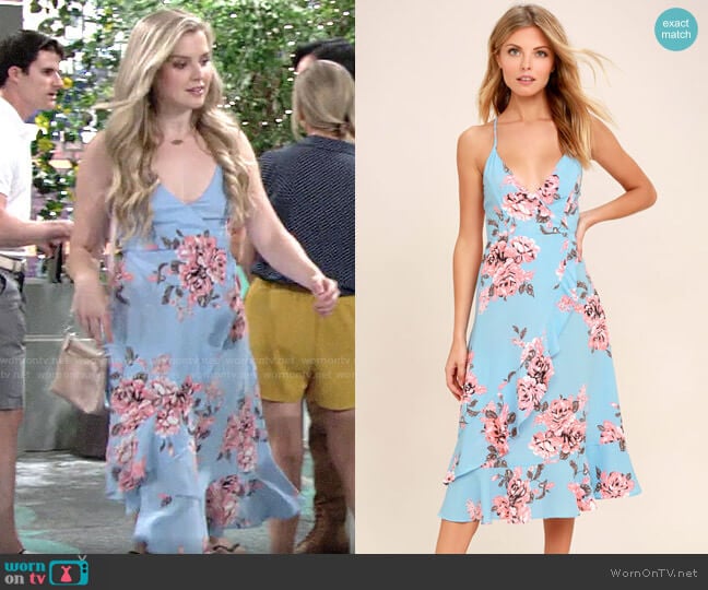 Lulus My Finest Flower Periwinkle Blue Floral Print Wrap Dress worn by Zoe Hardisty (Anna Grace Barlow) on The Young and the Restless