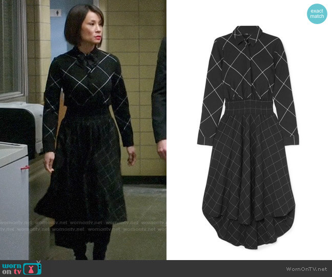 Maje Asymmetric checked twill midi dress worn by Joan Watson (Lucy Liu) on Elementary