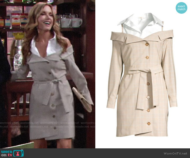 Maje Check Cold-Shoulder Tie-Waist Shirtdress worn by Lauren Fenmore (Tracey Bregman) on The Young and the Restless