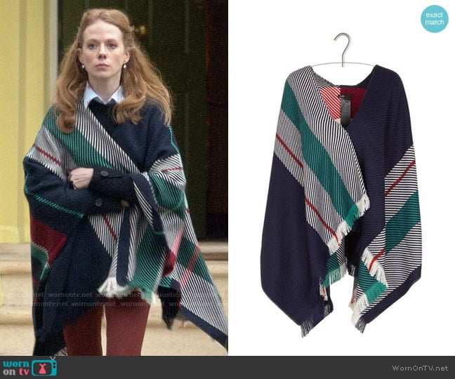 Maje Emmy jacquard stripe wool-blend poncho worn by Gemma (Zoe Boyle) on Four Weddings and a Funeral