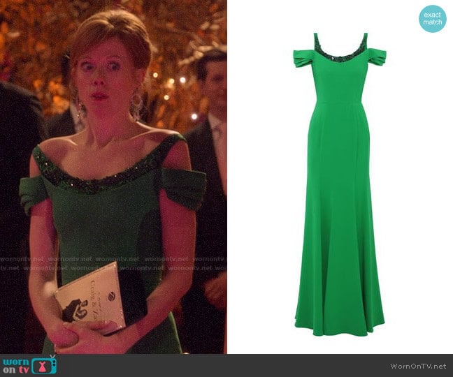 WornOnTV: Gemma’s green cold-shoulder gown on Four Weddings and a ...