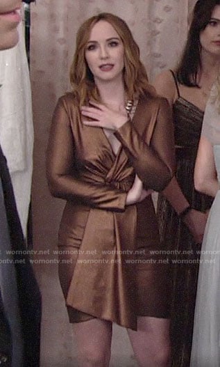 Mariah’s metallic bronze long sleeved dress at Kyle & Lola’s wedding on The Young and the Restless