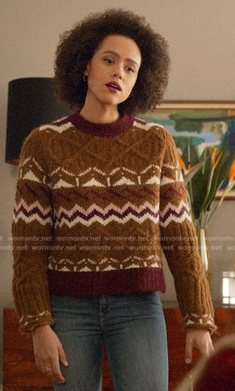 Maya's brown printed sweater on Four Weddings and a Funeral