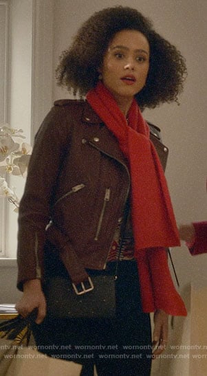 Maya's burgundy leather jacket on Four Weddings and a Funeral