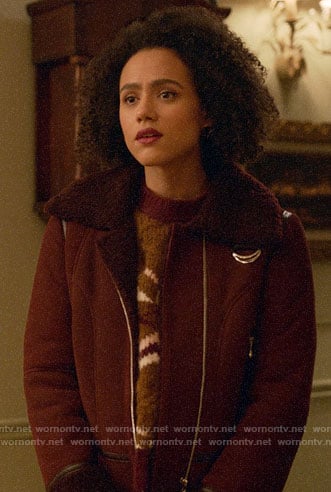 Maya’s burgundy shearling aviator jacket on Four Weddings and a Funeral