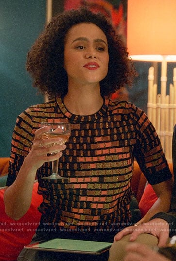 Maya's geometric patterned top on Four Weddings and a Funeral