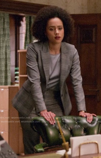 Maya's grey plaid suit  on Four Weddings and a Funeral