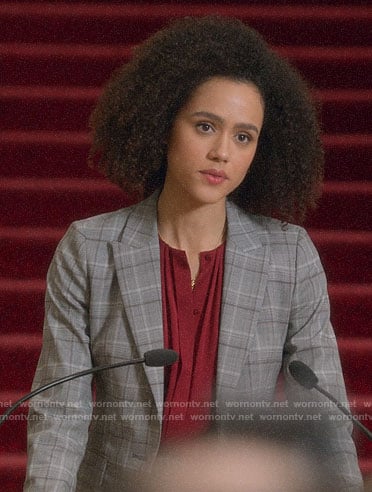 Maya's grey plaid blazer on Four Weddings and a Funeral