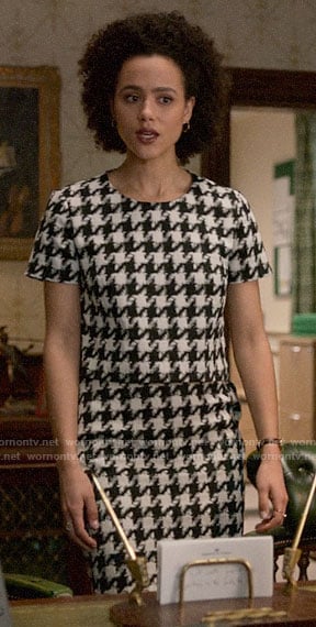 Maya's houndstooth top and skirt set on Four Weddings and a Funeral