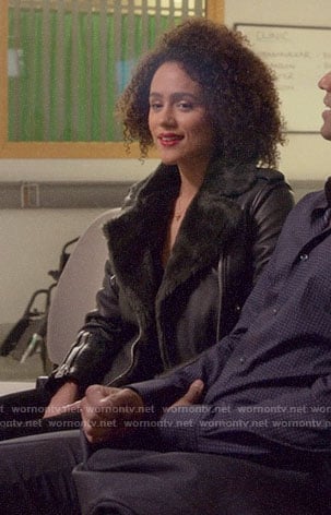 Maya’s leather jacket with fur on Four Weddings and a Funeral