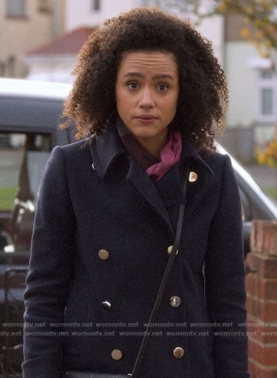 Maya’s navy pea coat on Four Weddings and a Funeral