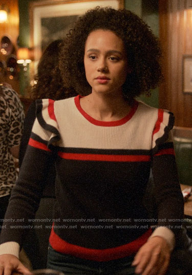 Maya's navy and red ruffled sweater on Four Weddings and a Funeral