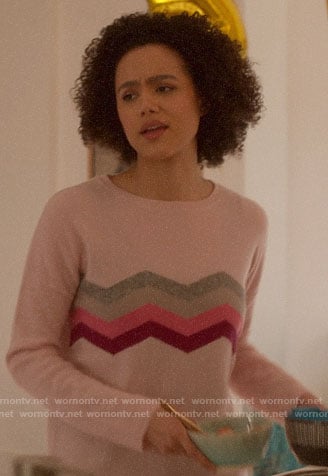 Maya’s pink chevron sweater on Four Weddings and a Funeral