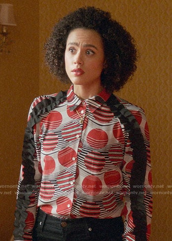 Maya's dot print shirt with ruffles on Four Weddings and a Funeral