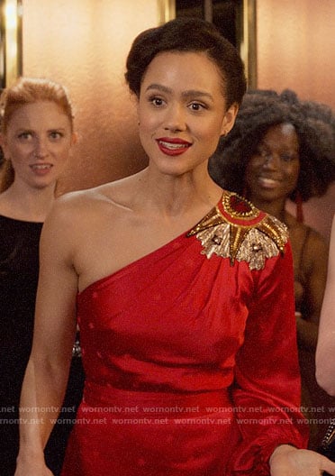 Maya’s red embellished one-shoulder dress on Four Weddings and a Funeral