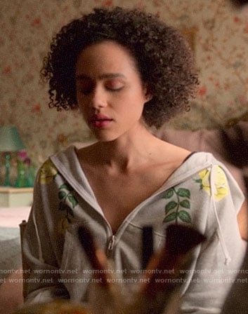 Maya's grey hoodie with yellow rose print on Four Weddings and a Funeral