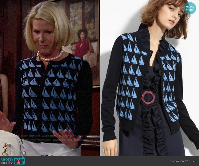 Milly Sailboat Jacquard Cardigan worn by Pamela Douglas (Alley Mills) on The Bold and the Beautiful