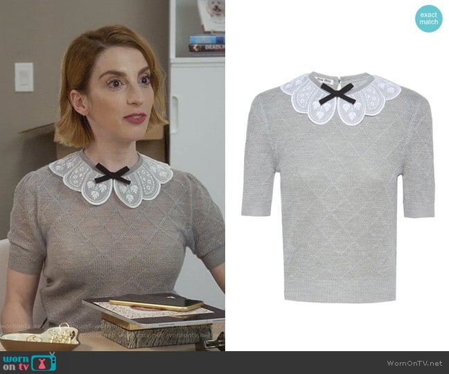 Scalloped Collar Knitted Top by Miu Miu worn by Lauren (Molly Bernard) on Younger